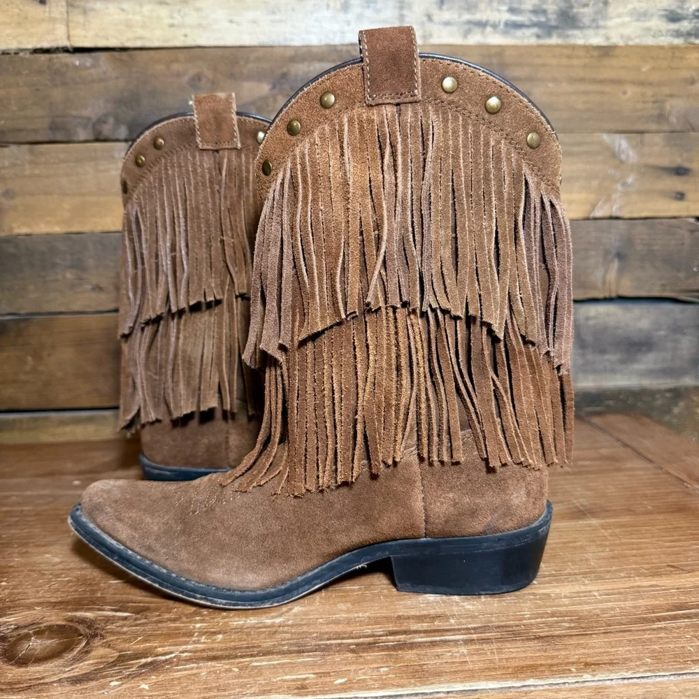 Shyanne‎ Girls' Double-Fringe Cowboy Boot Snip Toe Brown Suede Leather Size 3.
